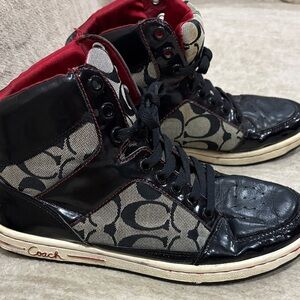 COACH black patent leather & silk high top jacquard signature sneakers